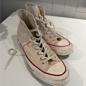 Converse High Top Canvas Sneakers in Cream with Red Trim - Men’s Size 9.5
